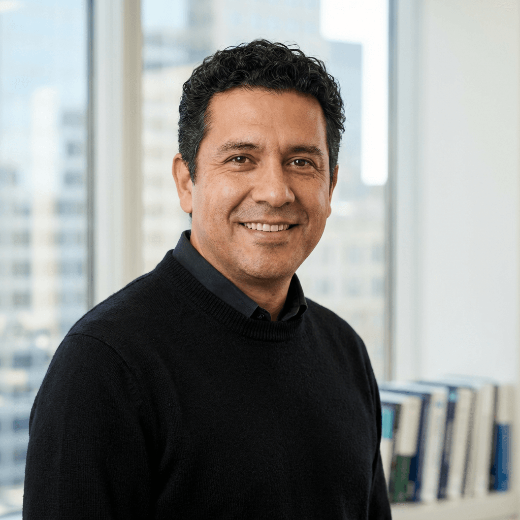 Marcus Delgado, deal flow lead at DEAL DEN, in a modern office setting