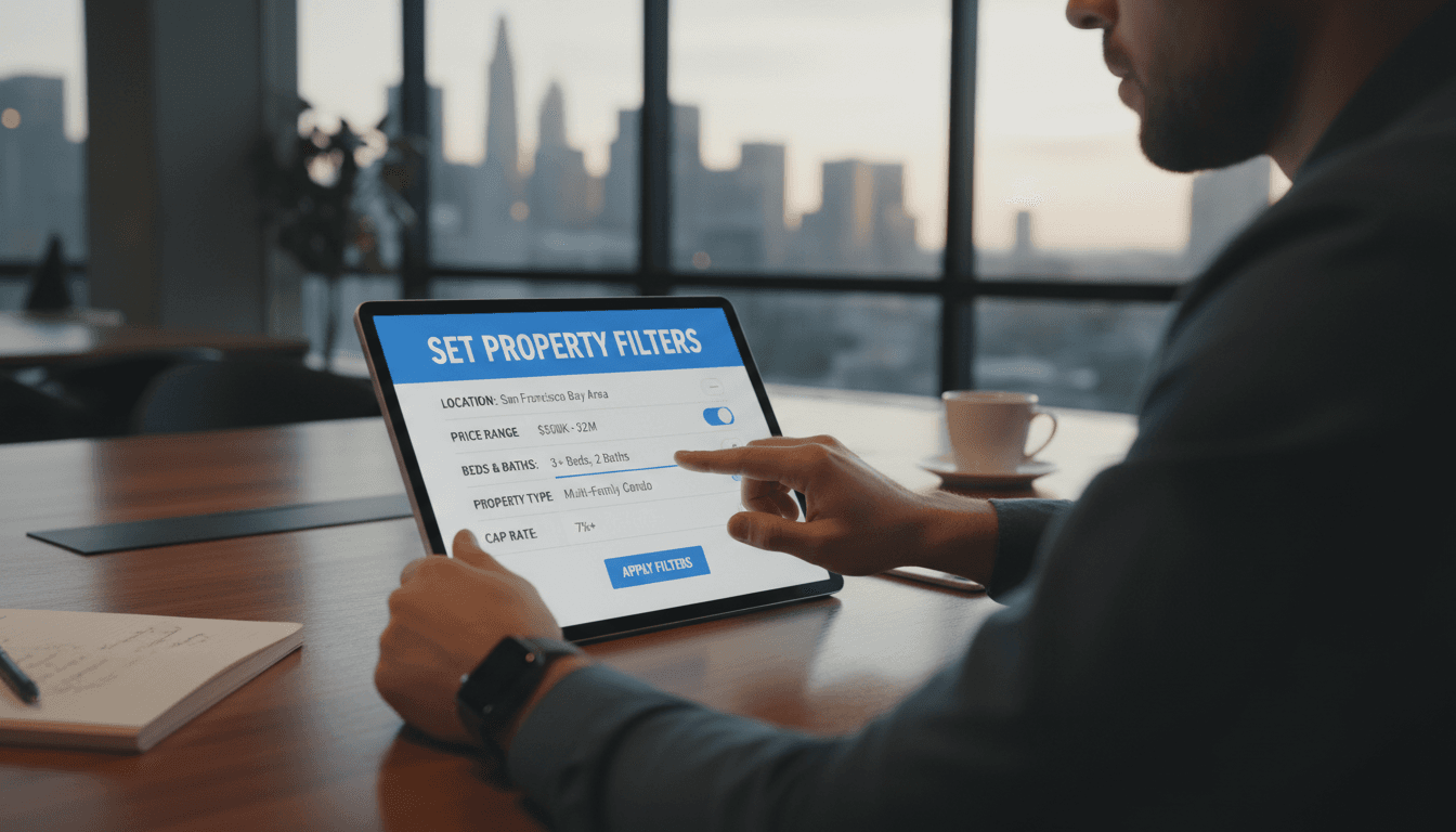 real estate investor setting property filters on modern tablet interface
