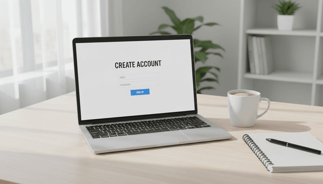 laptop showing a simple sign-up form in a bright home office