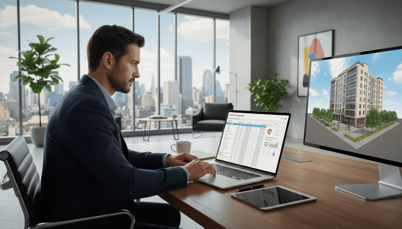 Real estate investor reviewing property data on a laptop in a bright, modern office.