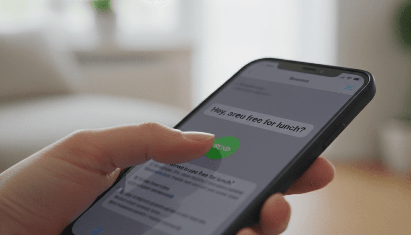 Close-up of a finger tapping send on a smartphone messaging app