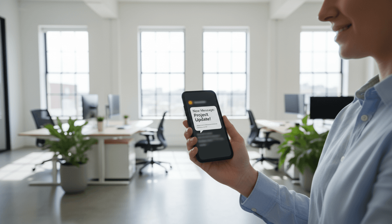 Investor holding smartphone with text message notification in a bright modern office