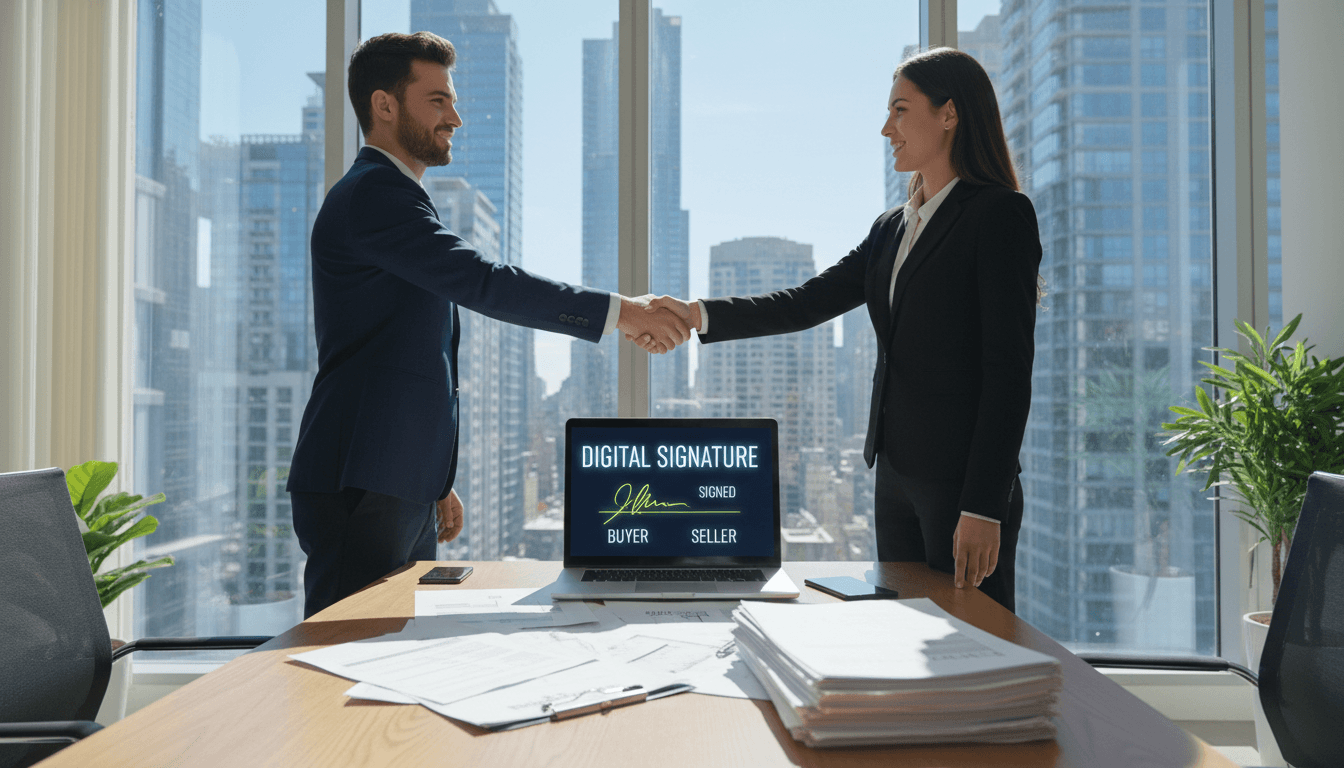 Two professionals shaking hands over property documents on a table