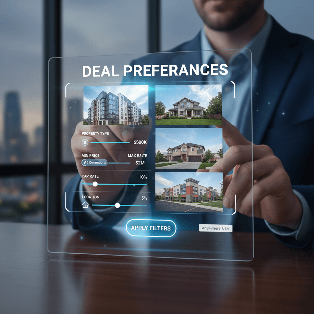 Investor setting up filters and criteria on a real estate platform interface