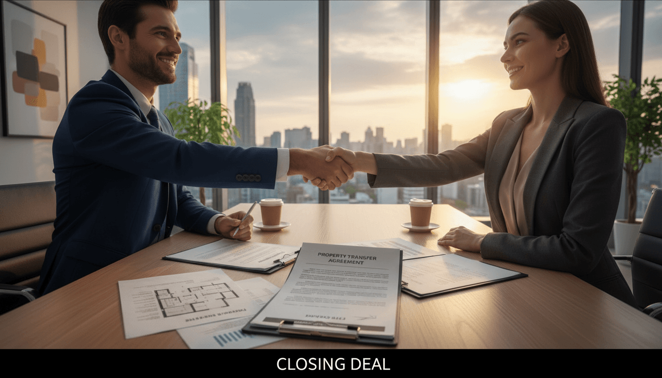 Real estate investor handshake over property documents in modern office setting