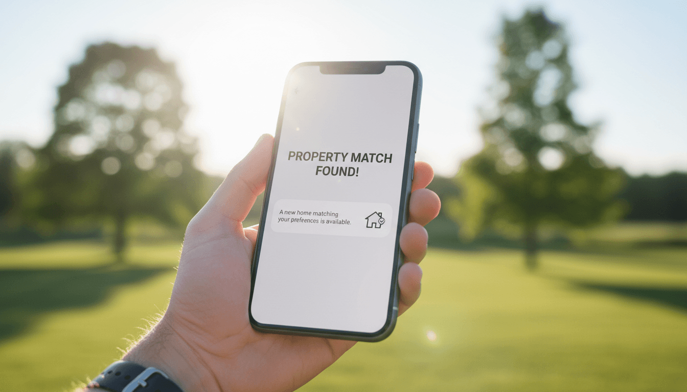 A smartphone showing an interface with a property match notification, held in a hand against a bright background