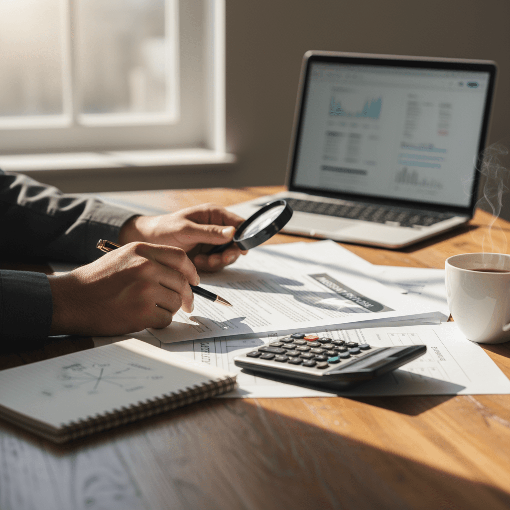 Investor reviewing real estate documents on a laptop at a modern desk