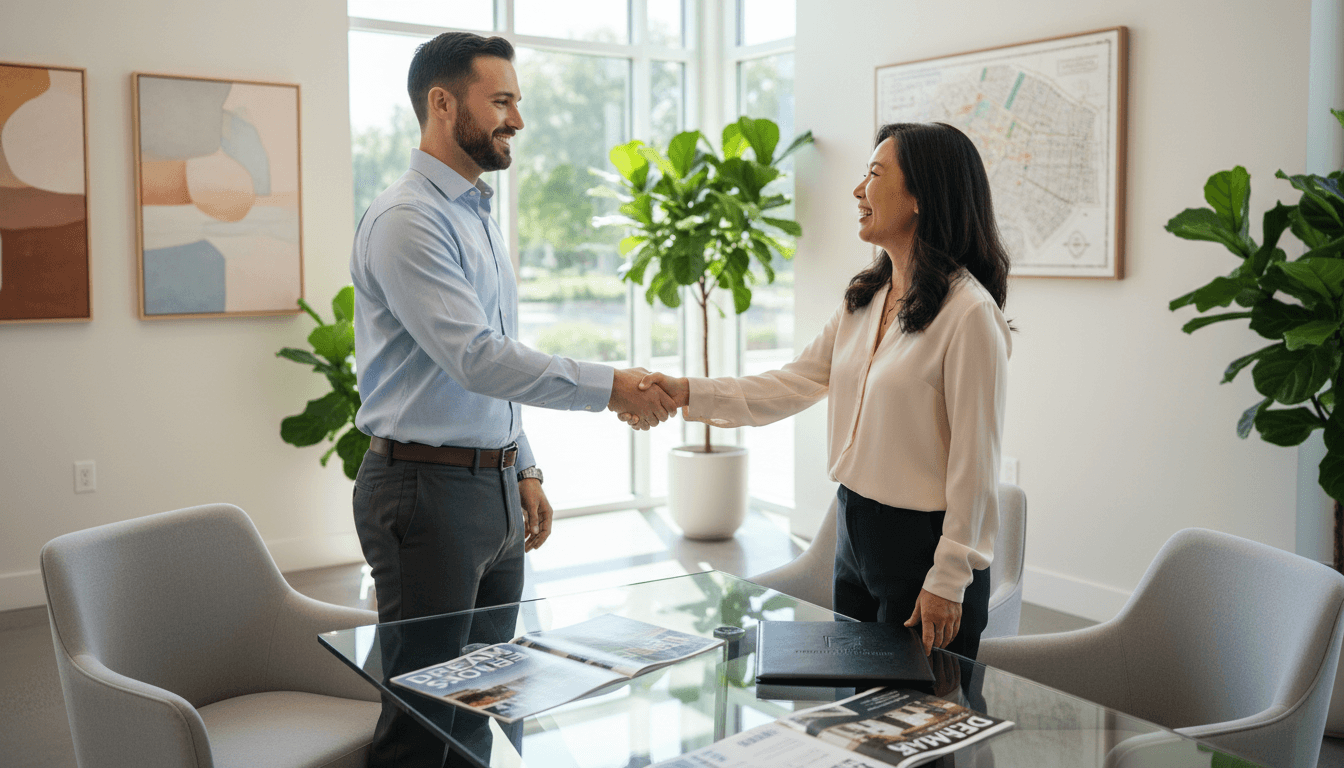 Real estate investor and wholesaler shaking hands in an office
