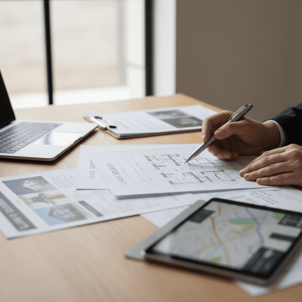 Investor reviewing property documents at a bright desk