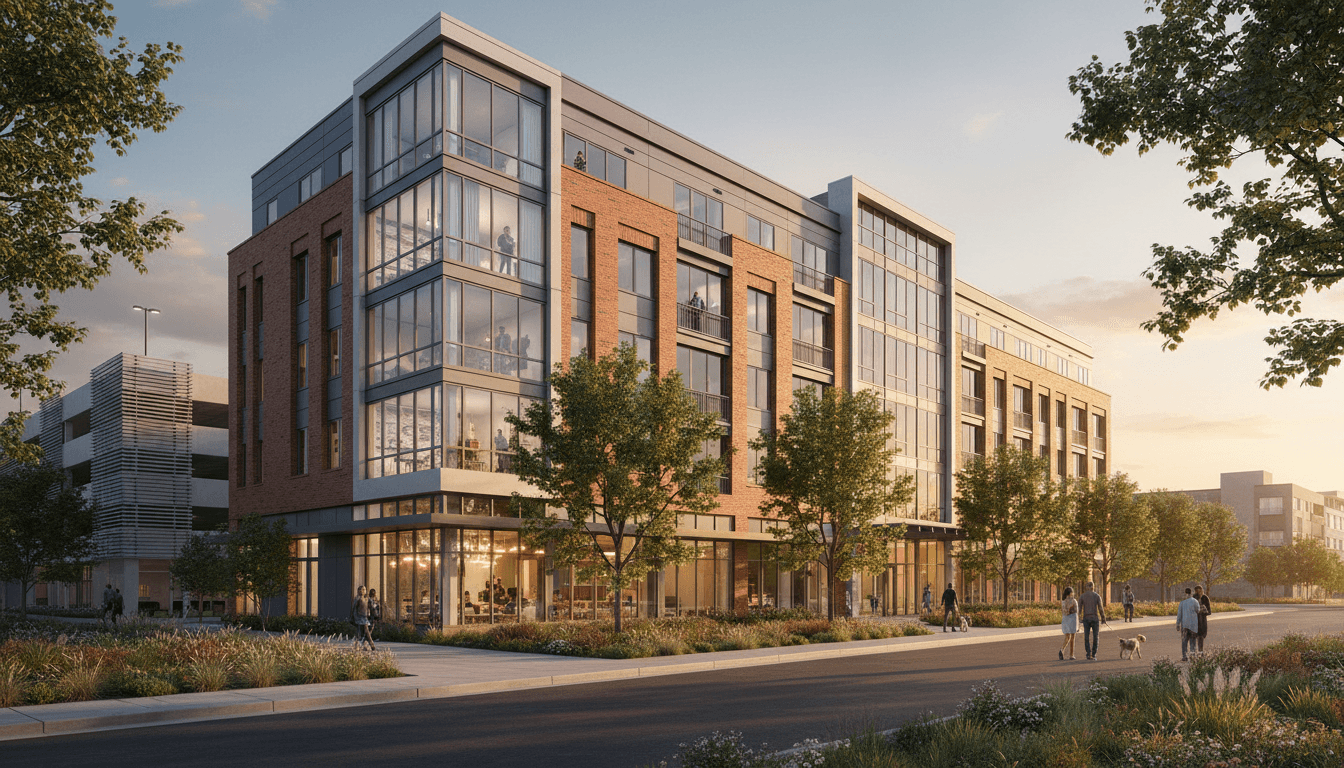 Multifamily apartment building with brick facade
