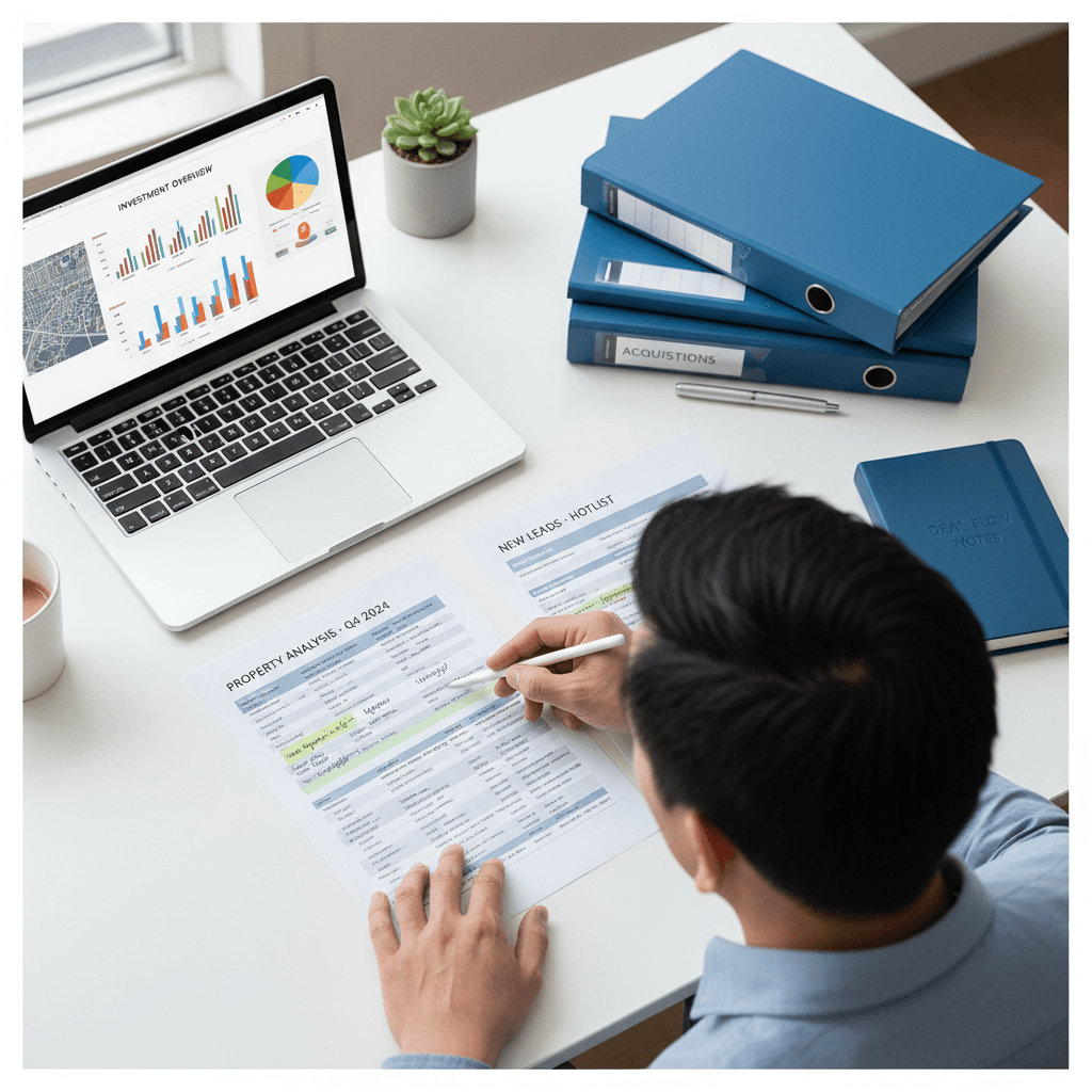 Investor reviewing property documents on a laptop in a bright office